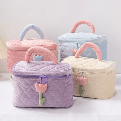 Corduroy Flower Makeup Bag Set for Travel and Beauty